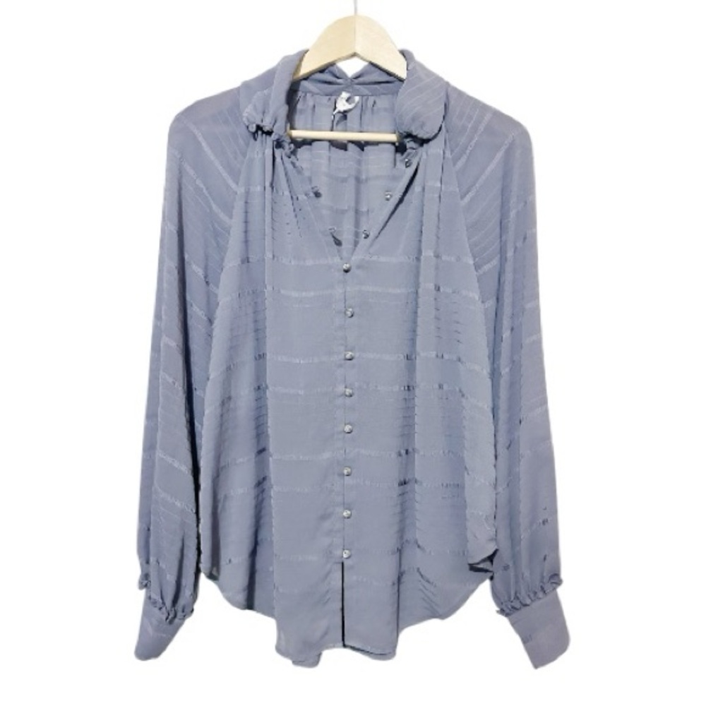 Anthropologie Feather Bone Blue Ruffle Mock Neck Sheer Stripe Button Blouse M - Picture 2 of 7